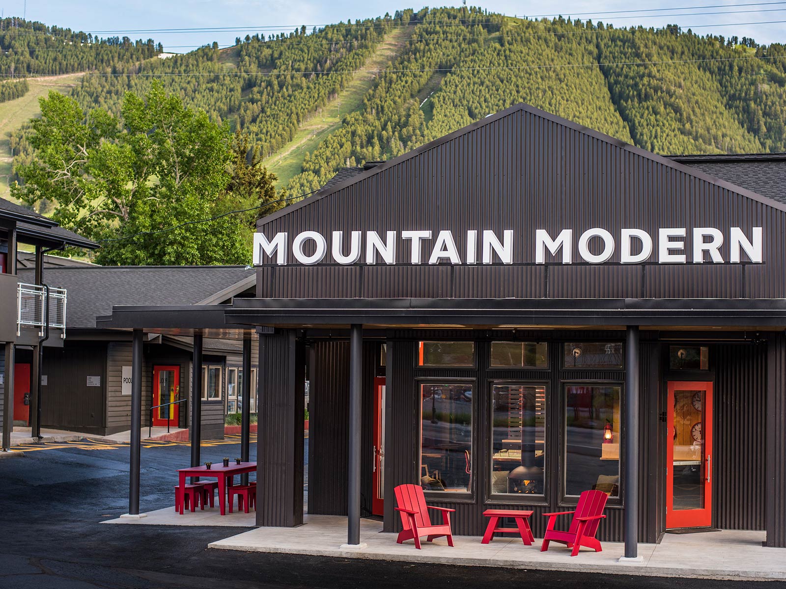 Mountain Modern Motel Entrance with Snow King Mountain in the background
