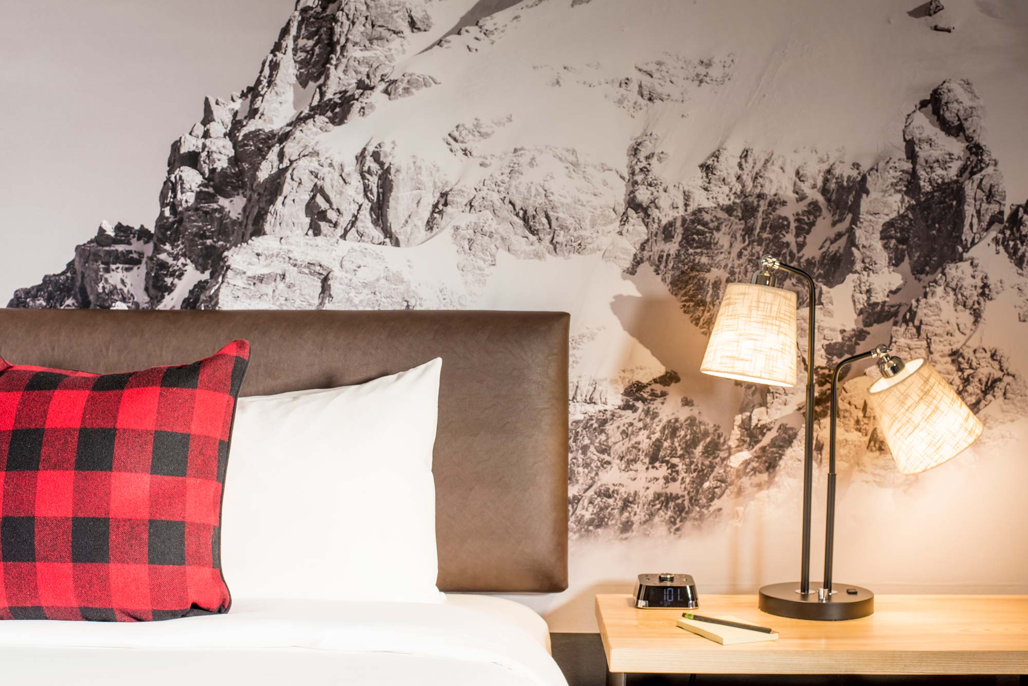 Close Up Of Plaid Pillow and Wall Mural in Mountain Modern Motel Guestroom