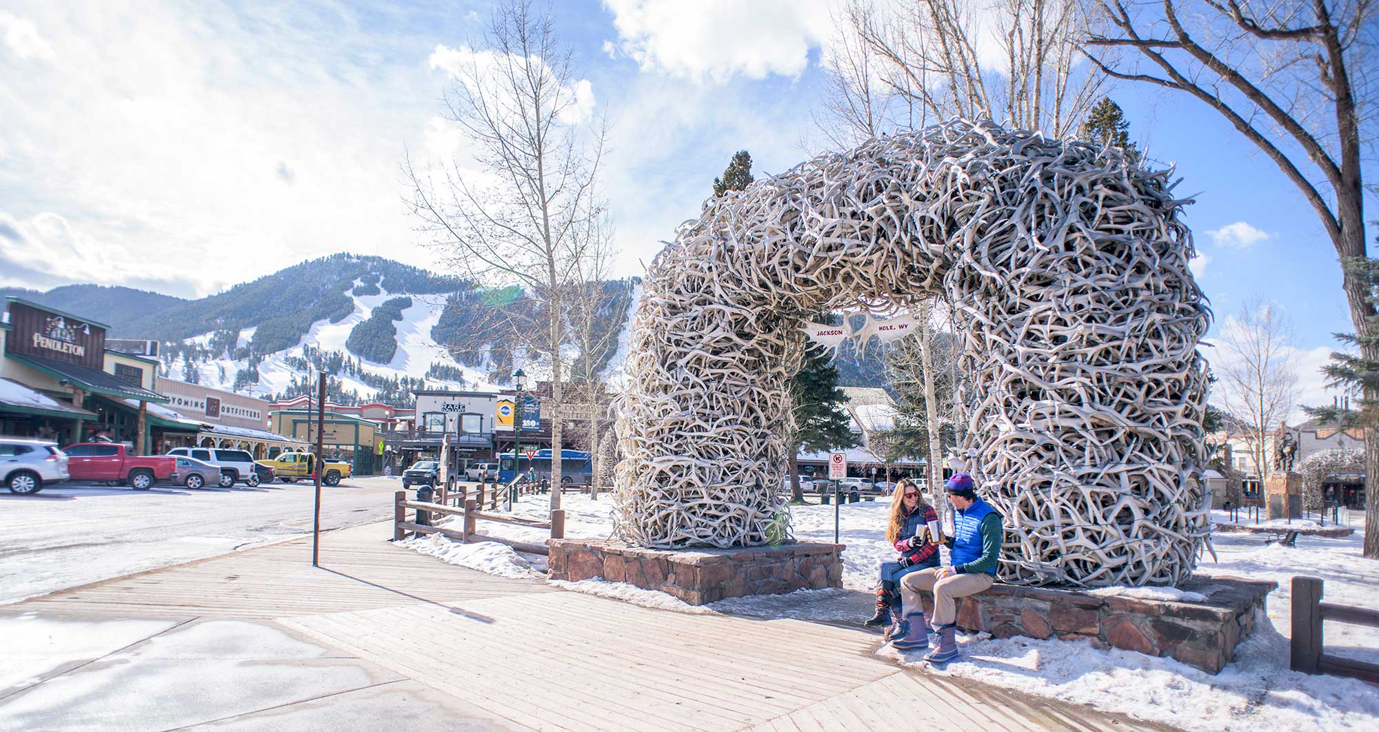 Jackson WY Town Square Antler arch in winter