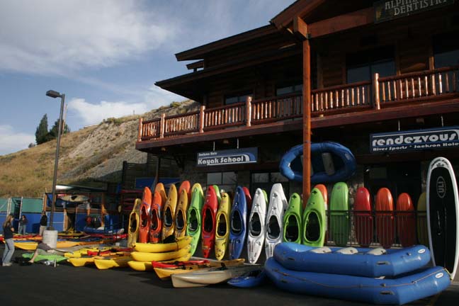 Rendezvous River Sports Jackson Hole kayaks and rafts in front of store