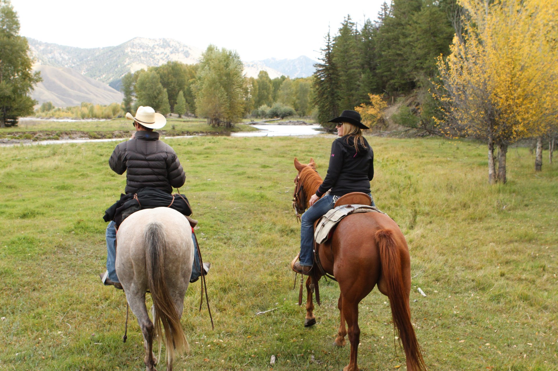 Horseback riding in Jackson Hole tow riders on gray and chestnut horses