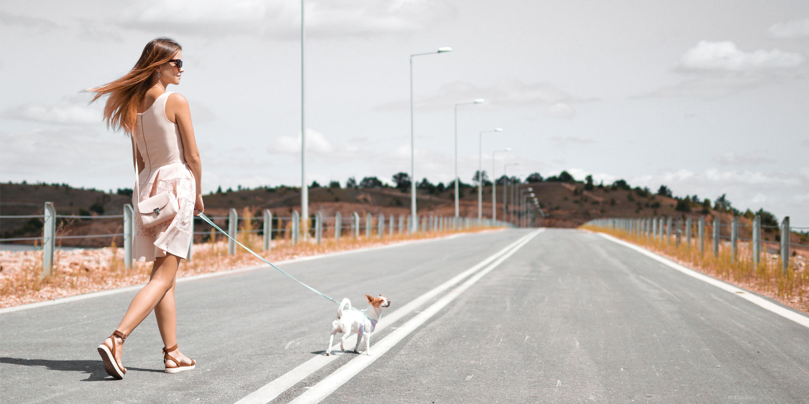 Woman in pink summer dress walking small dog down a highway