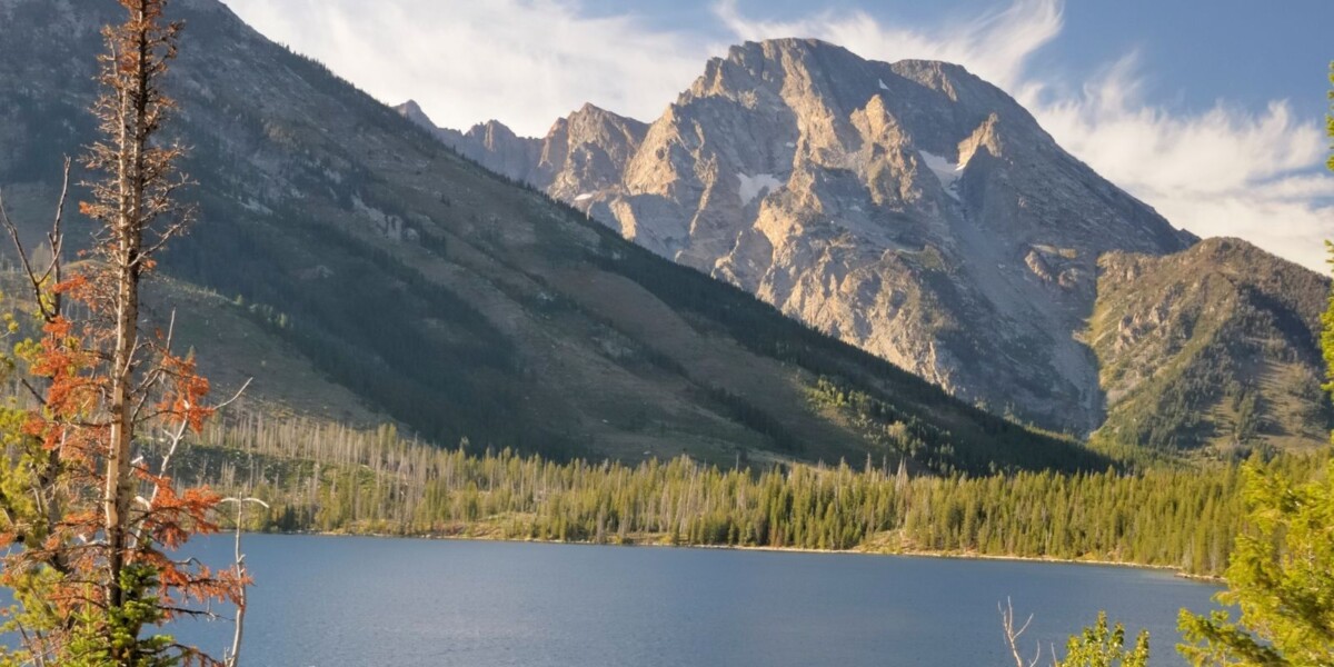 Afternoon sunlight on Grand Tetons, Jenny Lake.
