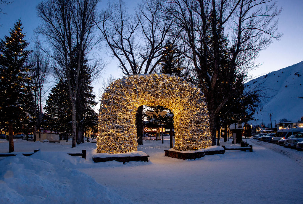 Winter antler arches downtown holiday lights